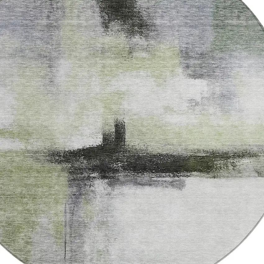 8' Sage Black And Gray Round Abstract Washable Indoor Outdoor Area Rug Photo 5
