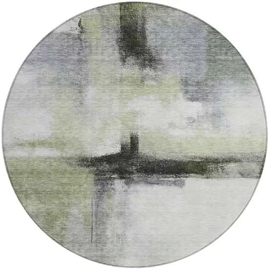 8' Sage Black And Gray Round Abstract Washable Indoor Outdoor Area Rug Photo 2