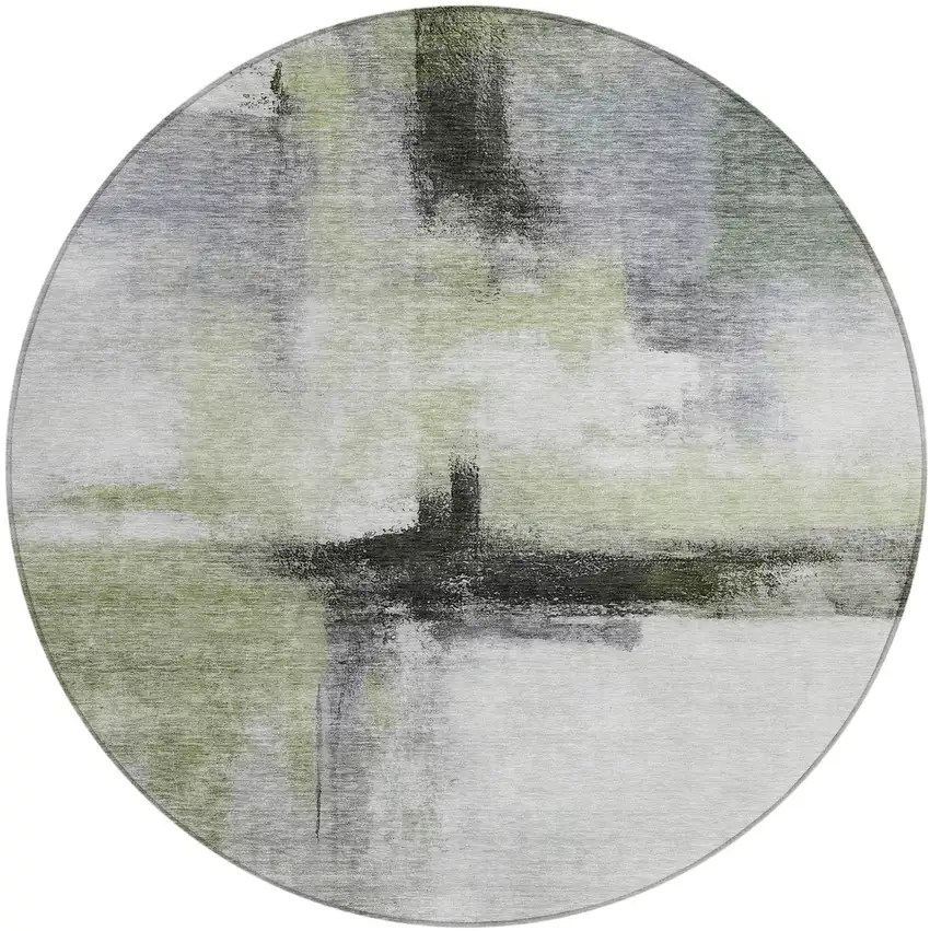 8' Sage Black And Gray Round Abstract Washable Indoor Outdoor Area Rug Photo 2