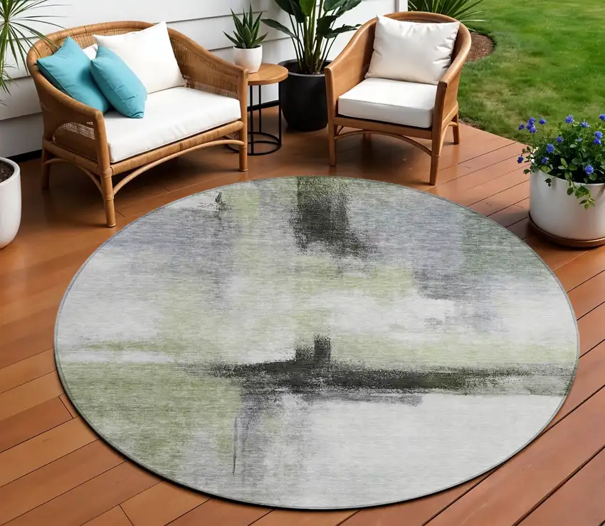 8' Sage Black And Gray Round Abstract Washable Indoor Outdoor Area Rug Photo 1