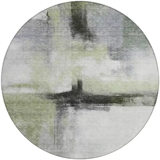 8' Sage Black And Gray Round Abstract Washable Indoor Outdoor Area Rug Photo 2