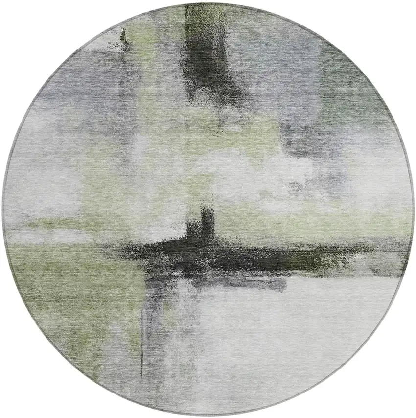 8' Sage Black And Gray Round Abstract Washable Indoor Outdoor Area Rug Photo 2