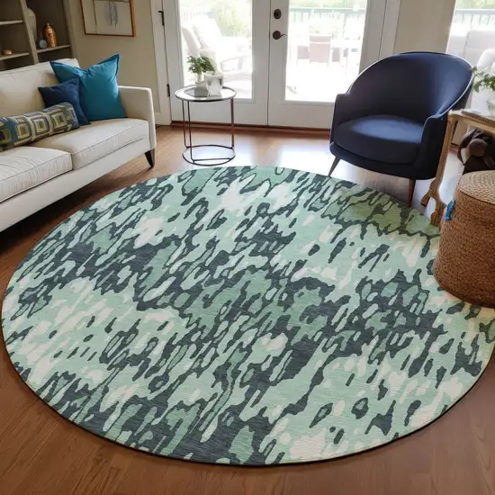 8' Sage Black And Ivory Round Striped Washable Indoor Outdoor Area Rug Photo 7