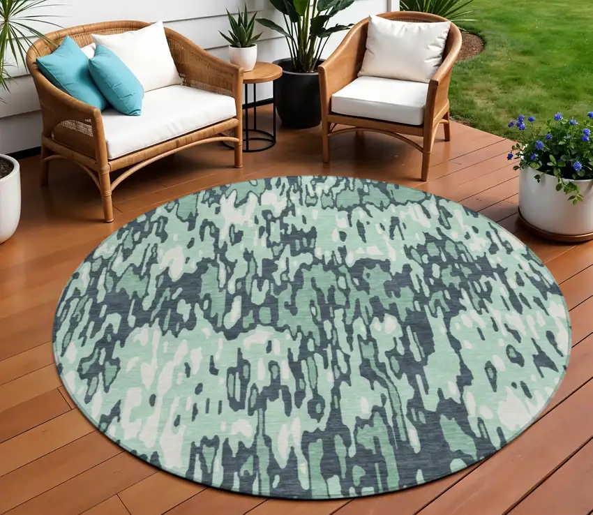 8' Sage Black And Ivory Round Striped Washable Indoor Outdoor Area Rug Photo 1