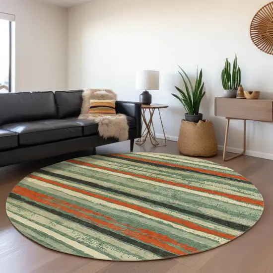 8' Sage Black And Red Round Striped Washable Indoor Outdoor Area Rug Photo 8