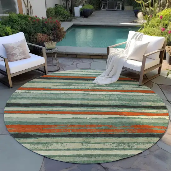8' Sage Black And Red Round Striped Washable Indoor Outdoor Area Rug Photo 7