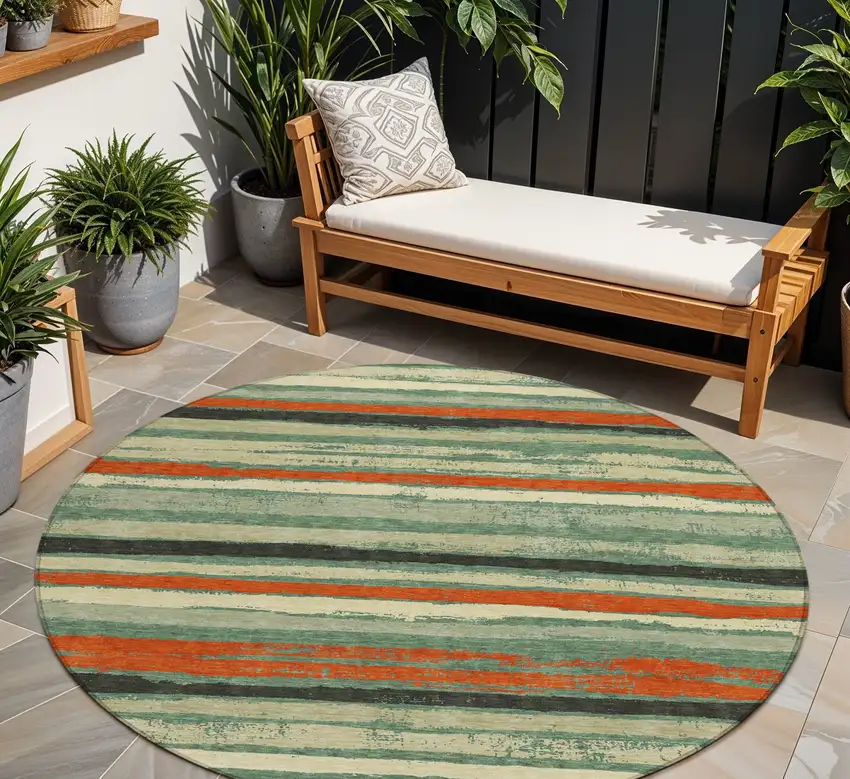 8' Sage Black And Red Round Striped Washable Indoor Outdoor Area Rug Photo 1
