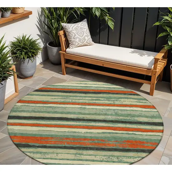 8' Sage Black And Red Round Striped Washable Indoor Outdoor Area Rug Photo 1
