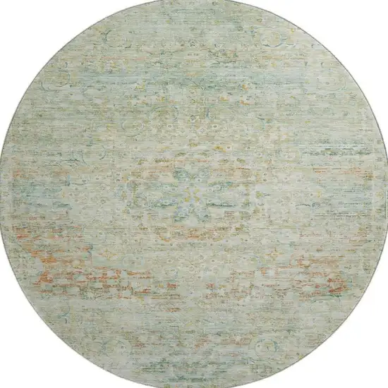8' Sage Blue And Copper Floral Medallion Washable Round Rug With UV Protection Photo 3