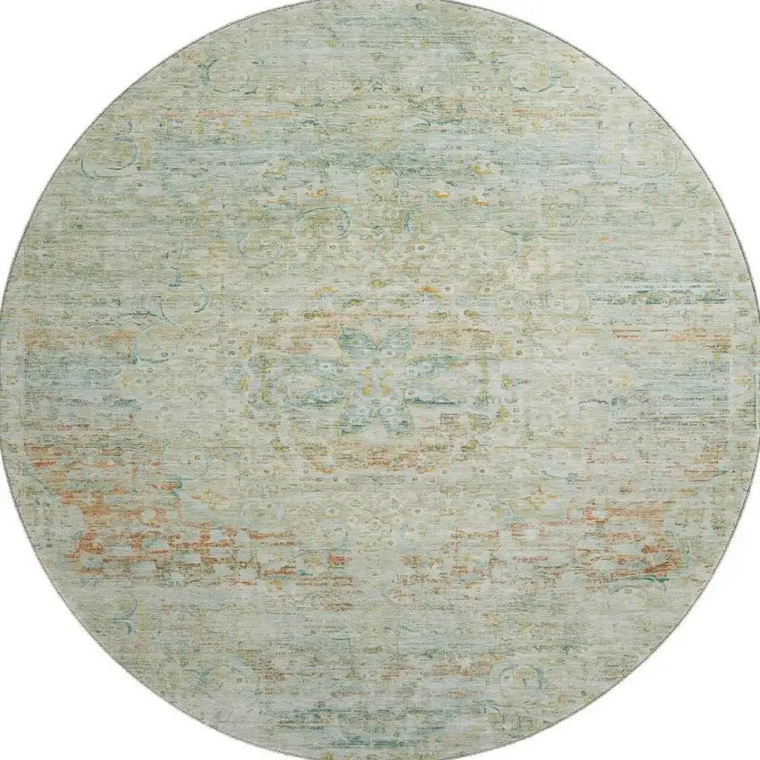 8' Sage Blue And Copper Floral Medallion Washable Round Rug With UV Protection Photo 3