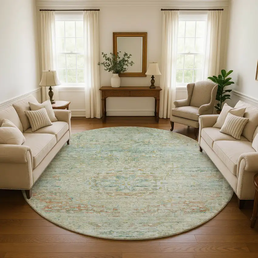 8' Sage Blue And Copper Floral Medallion Washable Round Rug With UV Protection Photo 5