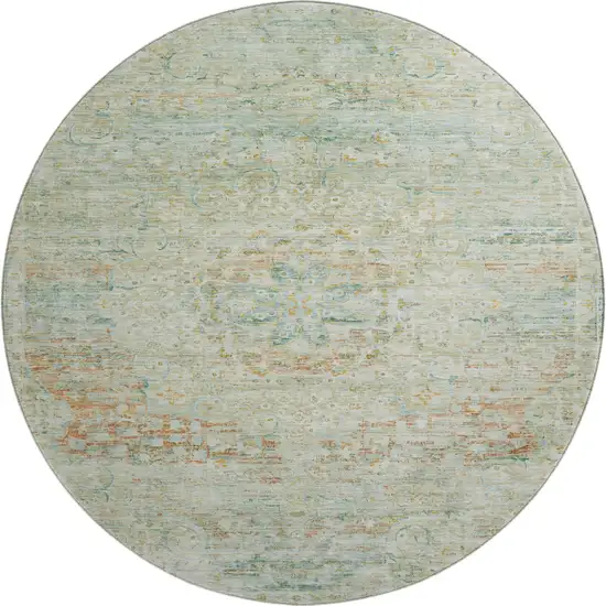 8' Sage Blue And Copper Floral Medallion Washable Round Rug With UV Protection Photo 1