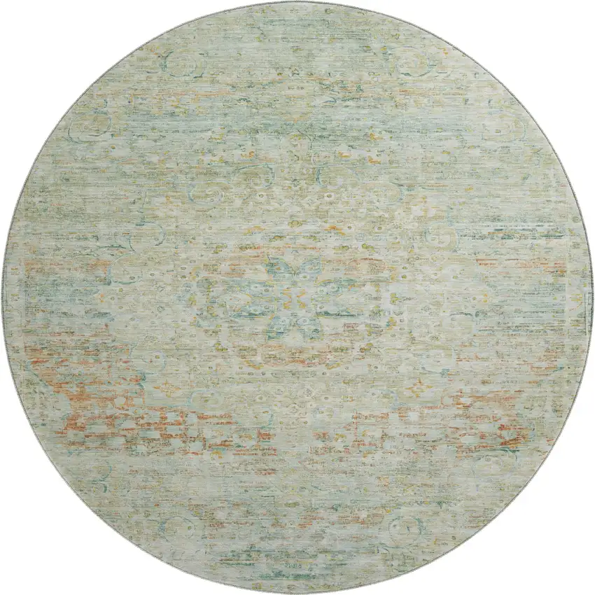 8' Sage Blue And Copper Floral Medallion Washable Round Rug With UV Protection Photo 1