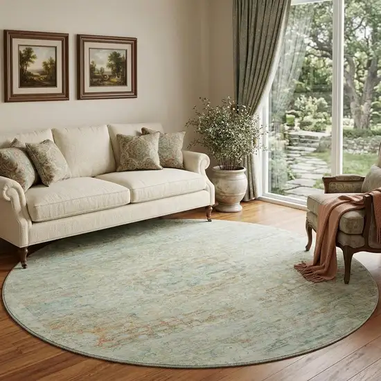 8' Sage Blue And Copper Floral Medallion Washable Round Rug With UV Protection Photo 1
