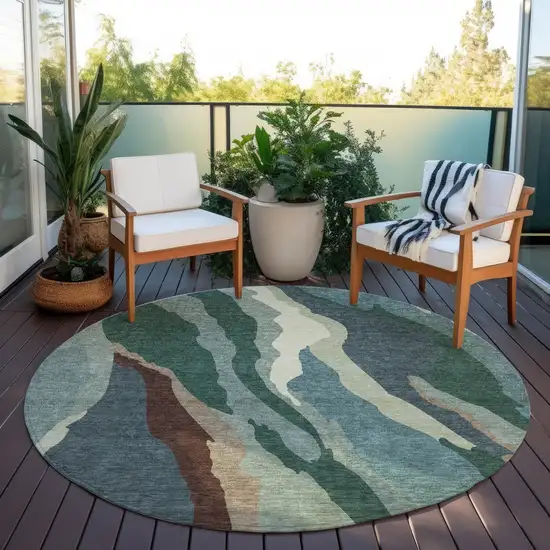 8' Sage Brown And Beige Round Abstract Washable Indoor Outdoor Area Rug Photo 8