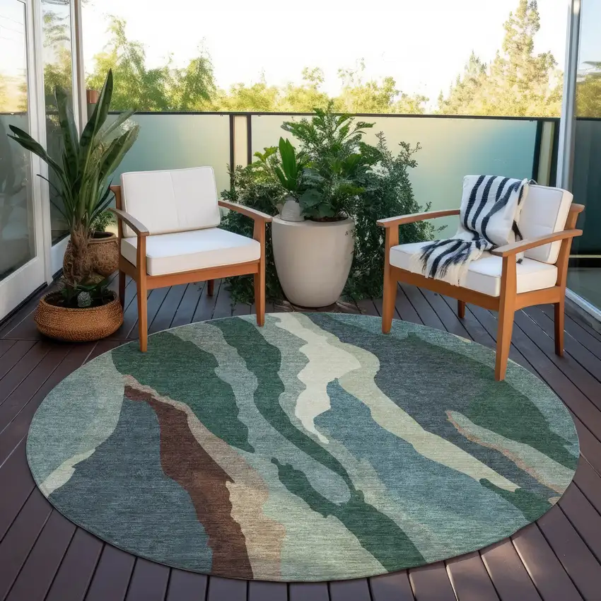 8' Sage Brown And Beige Round Abstract Washable Indoor Outdoor Area Rug Photo 8