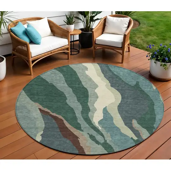 8' Sage Brown And Beige Round Abstract Washable Indoor Outdoor Area Rug Photo 1