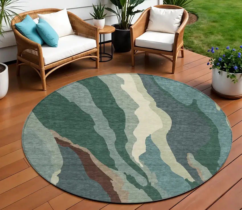 8' Sage Brown And Beige Round Abstract Washable Indoor Outdoor Area Rug Photo 1