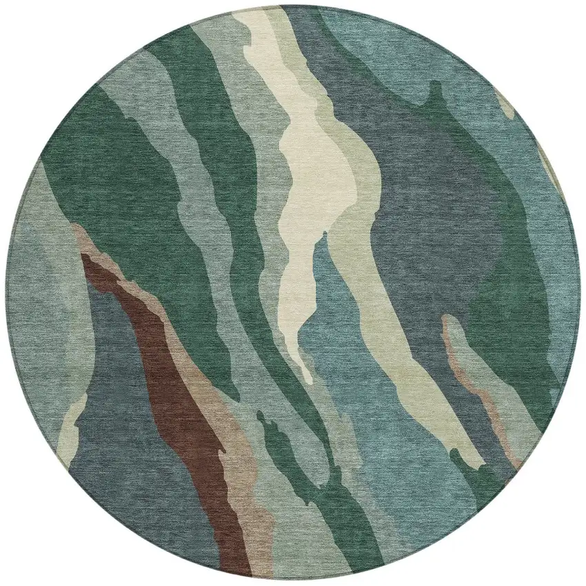 8' Sage Brown And Beige Round Abstract Washable Indoor Outdoor Area Rug Photo 6