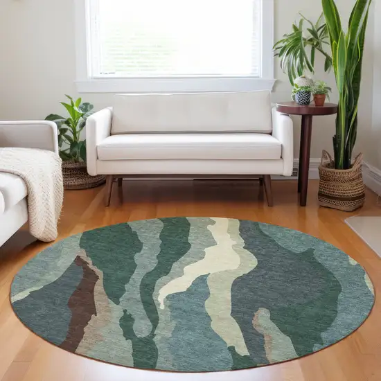 8' Sage Brown And Beige Round Abstract Washable Indoor Outdoor Area Rug Photo 9