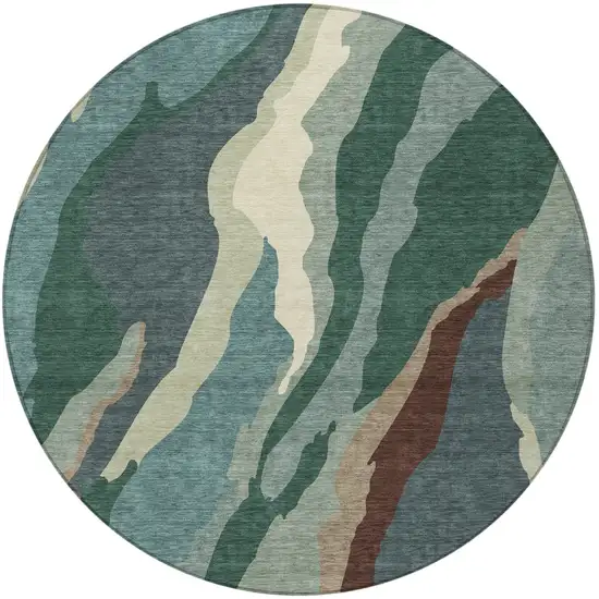 8' Sage Brown And Beige Round Abstract Washable Indoor Outdoor Area Rug Photo 7