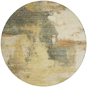 Photo of 8' Sage Brown And Beige Round Abstract Washable Indoor Outdoor Area Rug