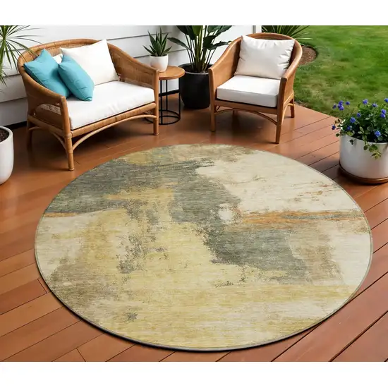 8' Sage Brown And Beige Round Abstract Washable Indoor Outdoor Area Rug Photo 1