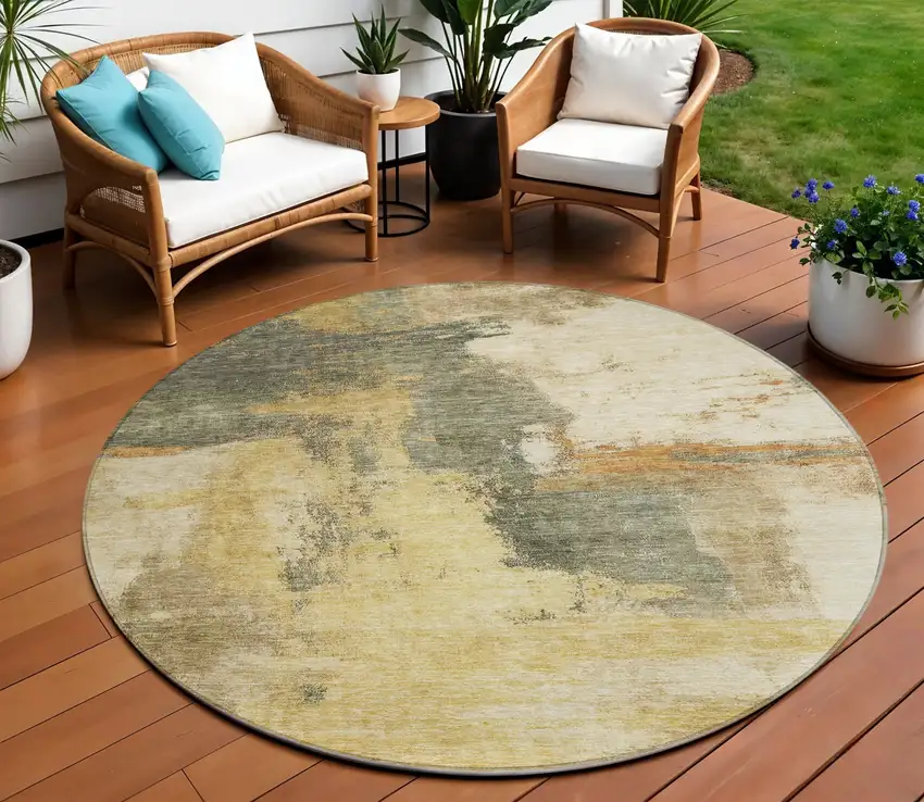 8' Sage Brown And Beige Round Abstract Washable Indoor Outdoor Area Rug Photo 1