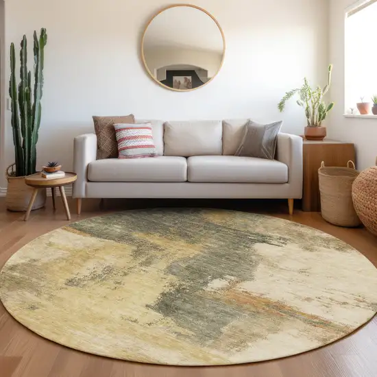 8' Sage Brown And Beige Round Abstract Washable Indoor Outdoor Area Rug Photo 8