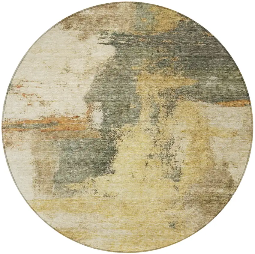 8' Sage Brown And Beige Round Abstract Washable Indoor Outdoor Area Rug Photo 6