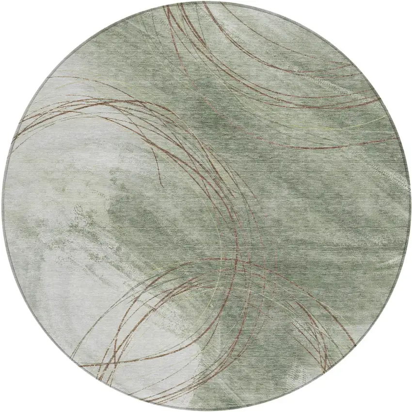 8' Sage Brown And Ivory Round Abstract Washable Indoor Outdoor Area Rug Photo 1
