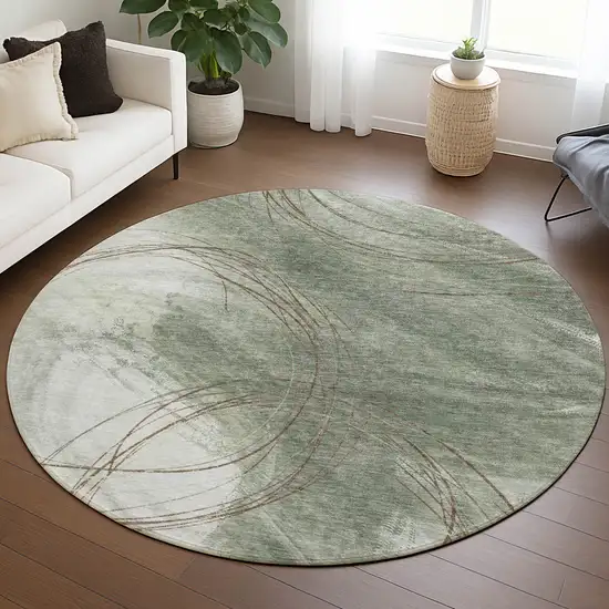 8' Sage Brown And Ivory Round Abstract Washable Indoor Outdoor Area Rug Photo 5