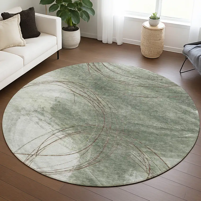8' Sage Brown And Ivory Round Abstract Washable Indoor Outdoor Area Rug Photo 5