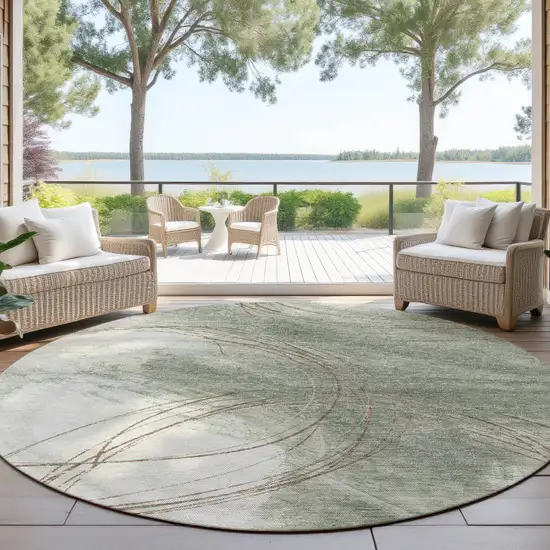 8' Sage Brown And Ivory Round Abstract Washable Indoor Outdoor Area Rug Photo 4