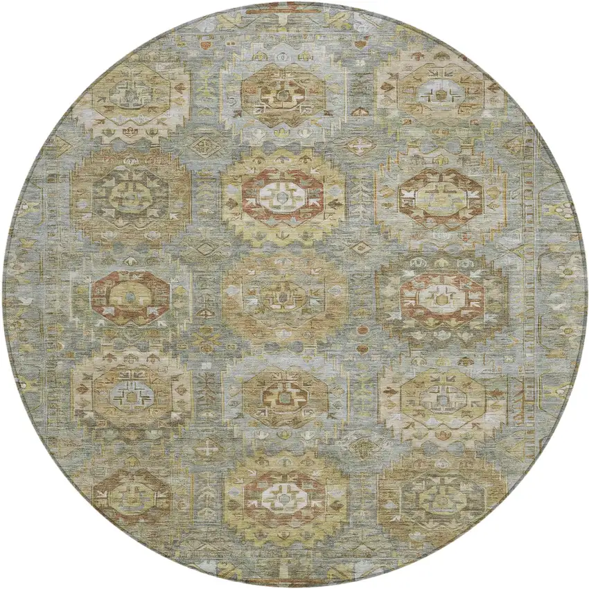 8' Sage Brown And Taupe Round Medallion Washable Indoor Outdoor Area Rug Photo 1