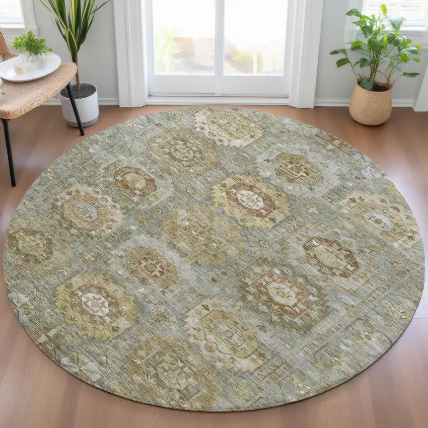 8' Sage Brown And Taupe Round Medallion Washable Indoor Outdoor Area Rug Photo 6