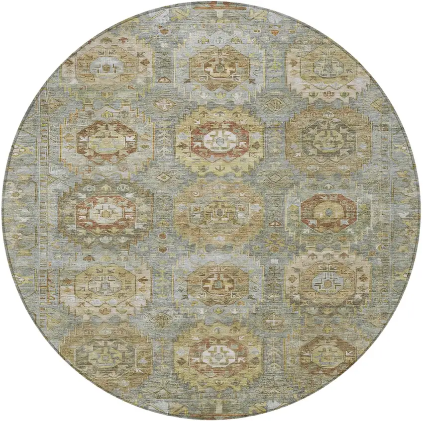 8' Sage Brown And Taupe Round Medallion Washable Indoor Outdoor Area Rug Photo 3