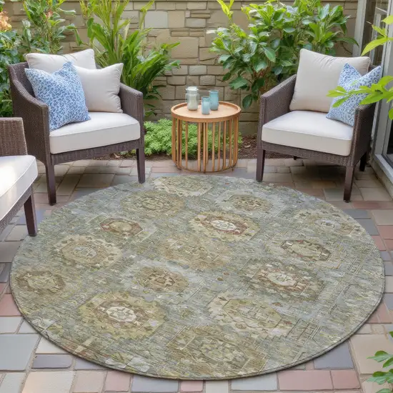 8' Sage Brown And Taupe Round Medallion Washable Indoor Outdoor Area Rug Photo 5