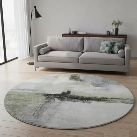 8' Sage Charcoal And Ivory Abstract Washable Round Rug With UV Protection Photo 2