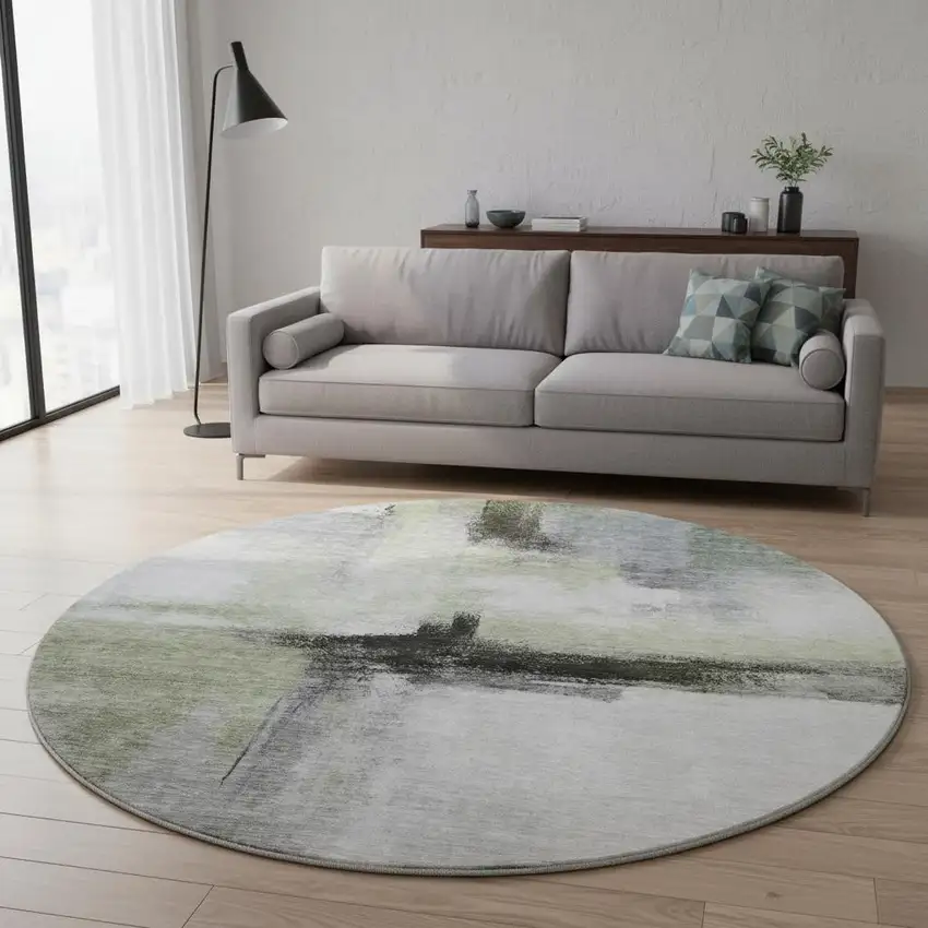 8' Sage Charcoal And Ivory Abstract Washable Round Rug With UV Protection Photo 2