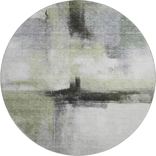 8' Sage Charcoal And Ivory Abstract Washable Round Rug With UV Protection Photo 1