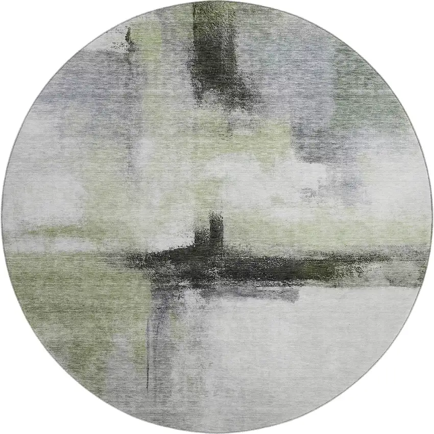 8' Sage Charcoal And Ivory Abstract Washable Round Rug With UV Protection Photo 1