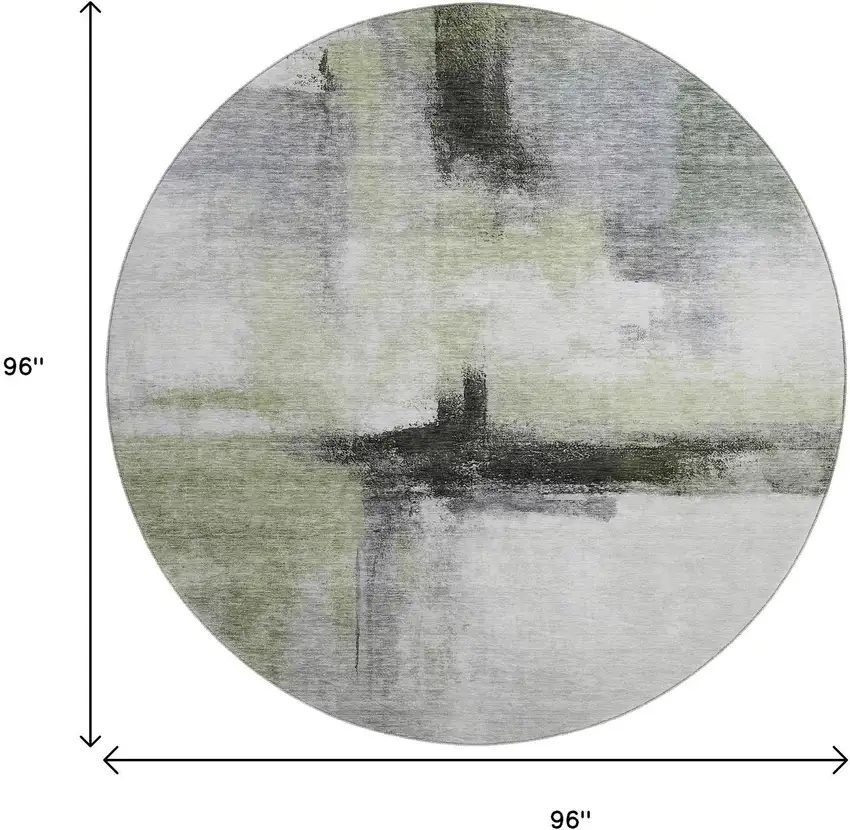 8' Sage Charcoal And Ivory Abstract Washable Round Rug With UV Protection Photo 9