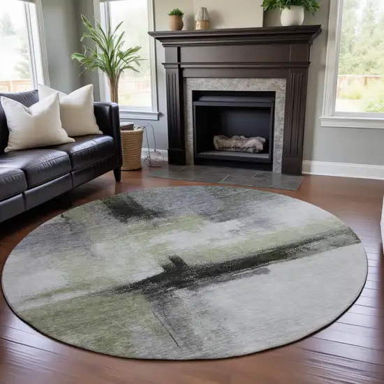 8' Sage Charcoal And Ivory Abstract Washable Round Rug With UV Protection Photo 4
