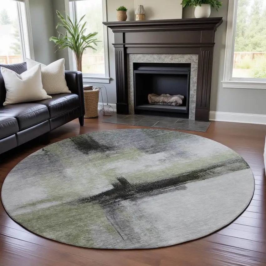 8' Sage Charcoal And Ivory Abstract Washable Round Rug With UV Protection Photo 4