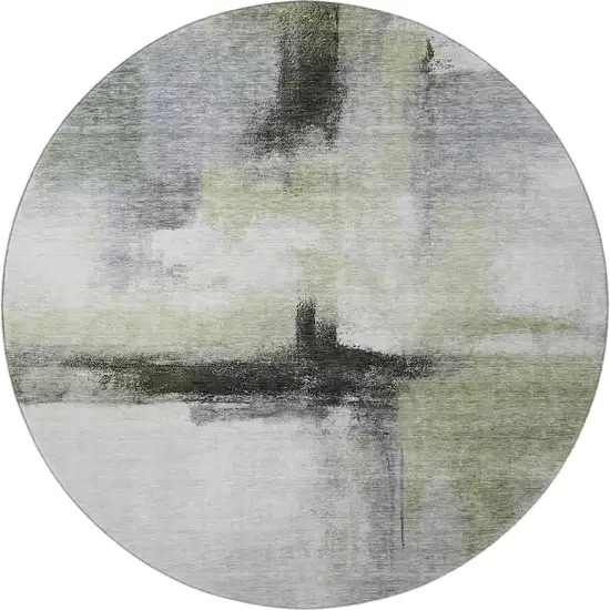 8' Sage Charcoal And Ivory Abstract Washable Round Rug With UV Protection Photo 3