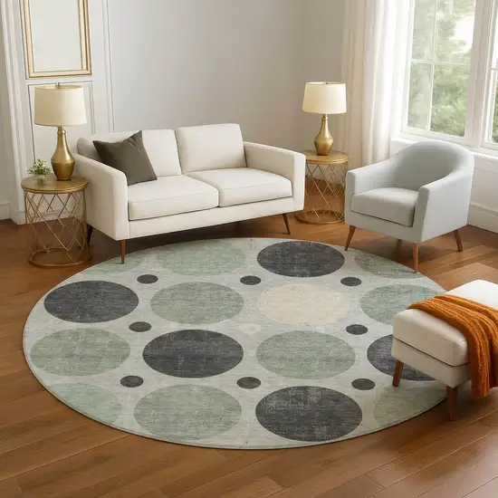 8' Sage Charcoal And Ivory Geometric Washable Round Rug With UV Protection Photo 5