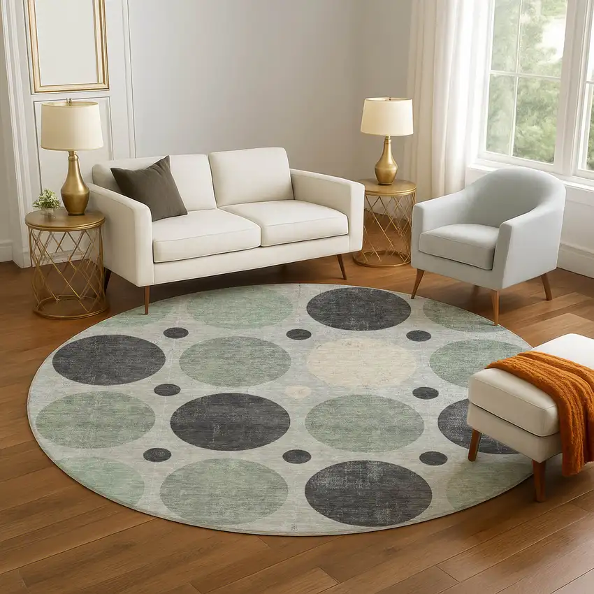 8' Sage Charcoal And Ivory Geometric Washable Round Rug With UV Protection Photo 5