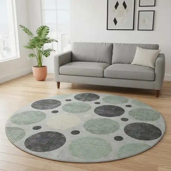 8' Sage Charcoal And Ivory Geometric Washable Round Rug With UV Protection Photo 2
