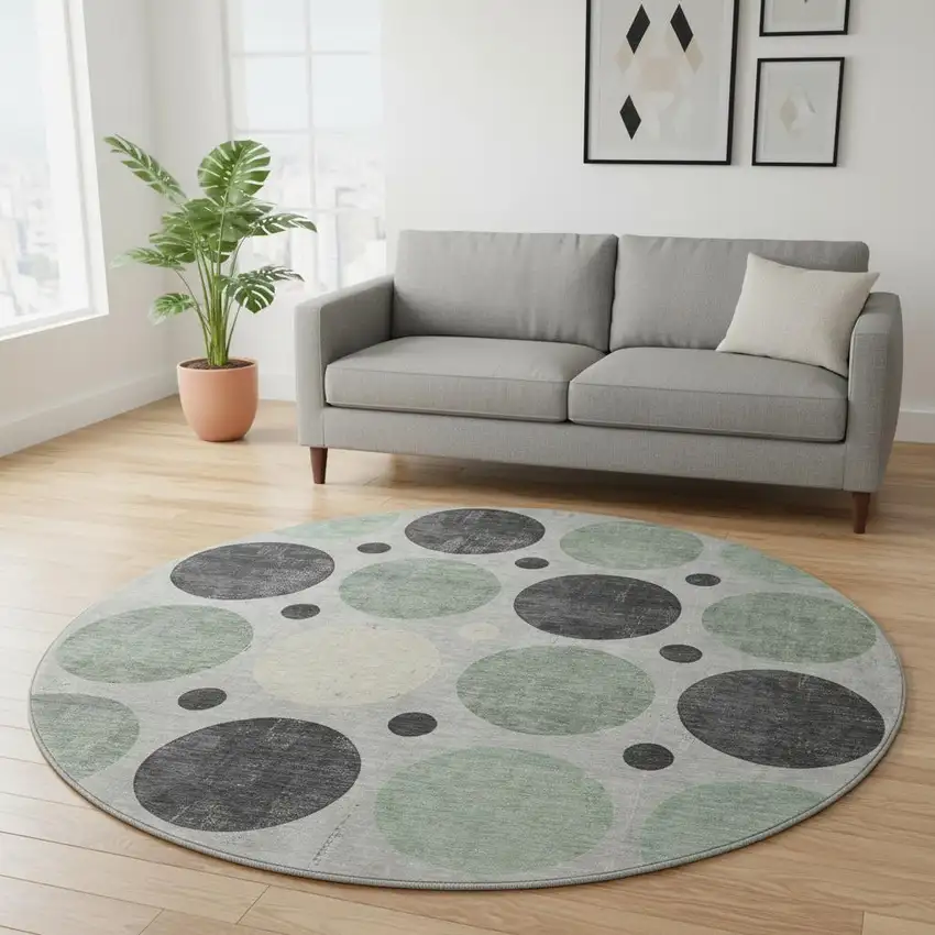 8' Sage Charcoal And Ivory Geometric Washable Round Rug With UV Protection Photo 2